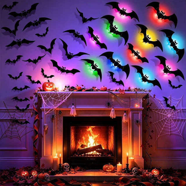 Alt view image 4 of 7 - 48P Bats Halloween Decorations + 12P Rechargeable Lights with Remote | Color Changing Light up Bats Wall Décor 3D Bat Stickers, Halloween Window Wall Door Room Party Décor Indoor Outdoor, Timer