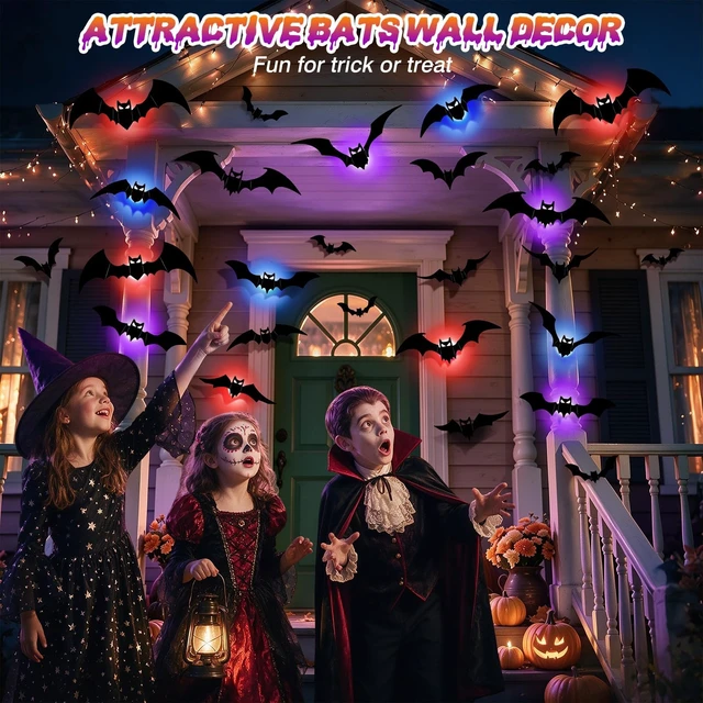 Alt view image 6 of 7 - 48P Bats Halloween Decorations + 12P Rechargeable Lights with Remote | Color Changing Light up Bats Wall Décor 3D Bat Stickers, Halloween Window Wall Door Room Party Décor Indoor Outdoor, Timer