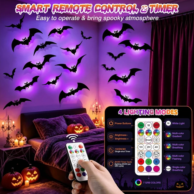 Alt view image 5 of 7 - 48P Bats Halloween Decorations + 12P Rechargeable Lights with Remote | Color Changing Light up Bats Wall Décor 3D Bat Stickers, Halloween Window Wall Door Room Party Décor Indoor Outdoor, Timer