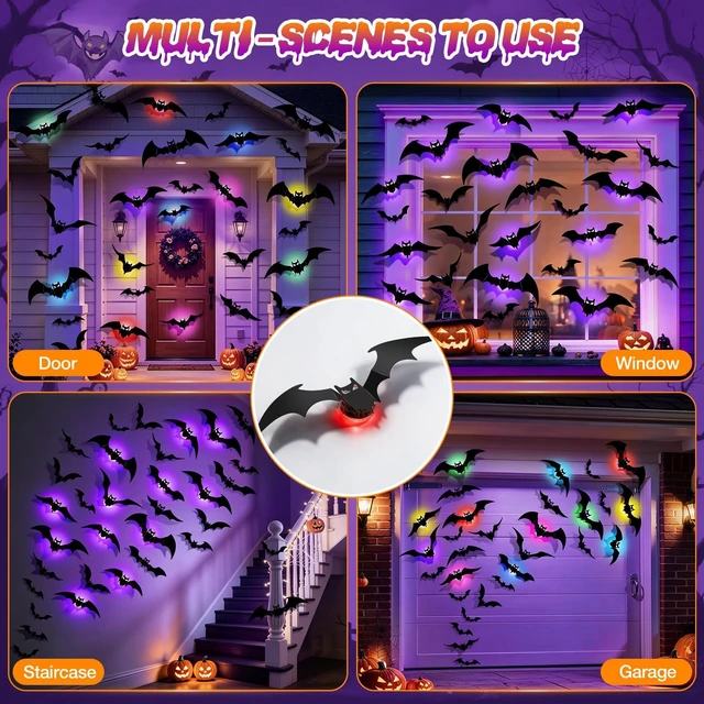 Alt view image 7 of 7 - 48P Bats Halloween Decorations + 12P Rechargeable Lights with Remote | Color Changing Light up Bats Wall Décor 3D Bat Stickers, Halloween Window Wall Door Room Party Décor Indoor Outdoor, Timer