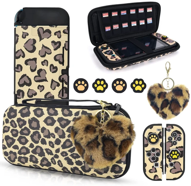 Main image of Brown Love Leopard Carrying Case for Switch, Cute Silicone Protective Soft Cover with 4PCS Thumb Grip Caps and Brown Plush Heart Pendant Hard Storage Case Accessories Kit Bundle for Girls