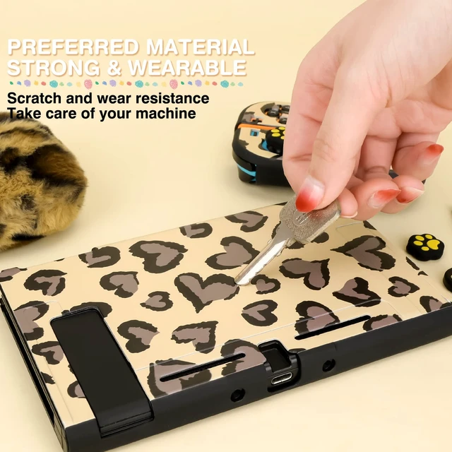 Alt view image 3 of 7 - Brown Love Leopard Carrying Case for Switch, Cute Silicone Protective Soft Cover with 4PCS Thumb Grip Caps and Brown Plush Heart Pendant Hard Storage Case Accessories Kit Bundle for Girls