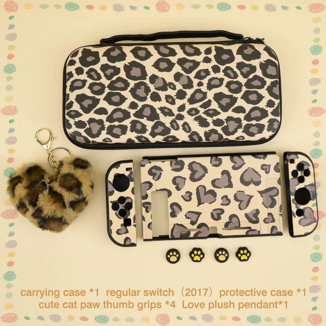 Alt view image 7 of 7 - Brown Love Leopard Carrying Case for Switch, Cute Silicone Protective Soft Cover with 4PCS Thumb Grip Caps and Brown Plush Heart Pendant Hard Storage Case Accessories Kit Bundle for Girls