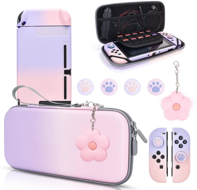 Main image of Pink and Purple Switch Case Set Gradient Carrying Case with 10 Slots Cute Protective Dockable Hard Shell with 4PCS Glitter Cat Paw Thumb Grips Caps and 1PC Flower Blossom Chain For Switch 2017