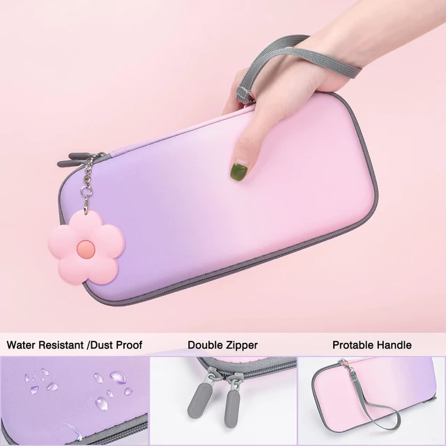 Alt view image 2 of 7 - Pink and Purple Switch Case Set Gradient Carrying Case with 10 Slots Cute Protective Dockable Hard Shell with 4PCS Glitter Cat Paw Thumb Grips Caps and 1PC Flower Blossom Chain For Switch 2017