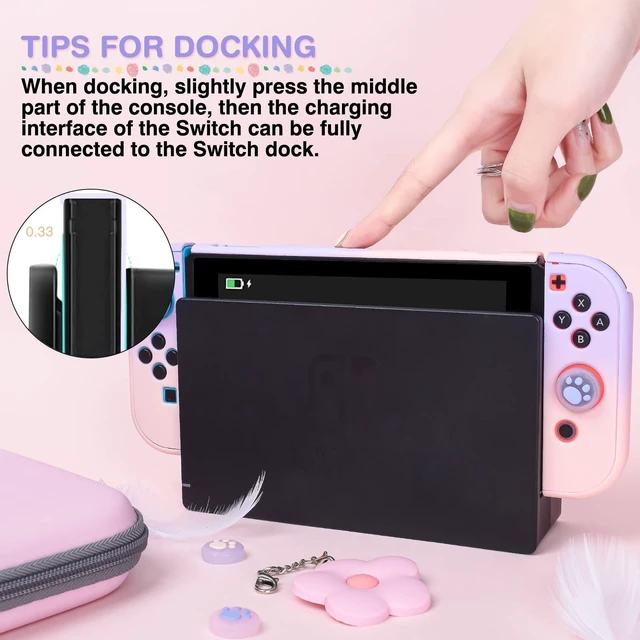 Alt view image 4 of 7 - Pink and Purple Switch Case Set Gradient Carrying Case with 10 Slots Cute Protective Dockable Hard Shell with 4PCS Glitter Cat Paw Thumb Grips Caps and 1PC Flower Blossom Chain For Switch 2017