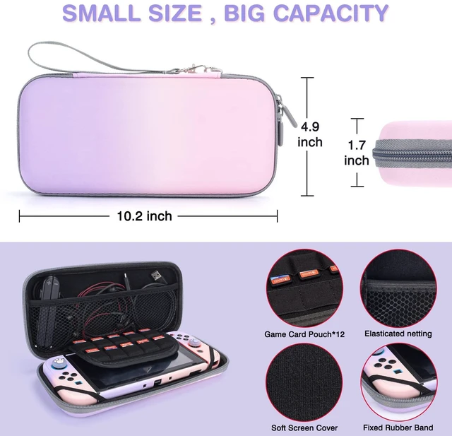 Alt view image 3 of 7 - Pink and Purple Switch Case Set Gradient Carrying Case with 10 Slots Cute Protective Dockable Hard Shell with 4PCS Glitter Cat Paw Thumb Grips Caps and 1PC Flower Blossom Chain For Switch 2017