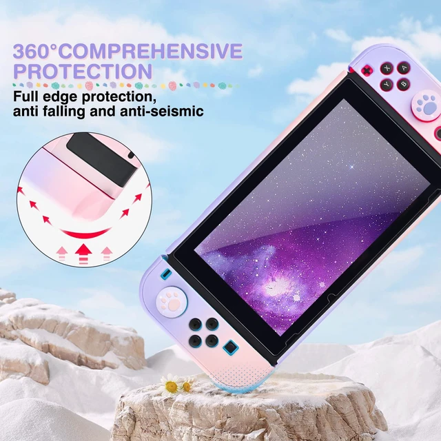 Alt view image 6 of 7 - Pink and Purple Switch Case Set Gradient Carrying Case with 10 Slots Cute Protective Dockable Hard Shell with 4PCS Glitter Cat Paw Thumb Grips Caps and 1PC Flower Blossom Chain For Switch 2017