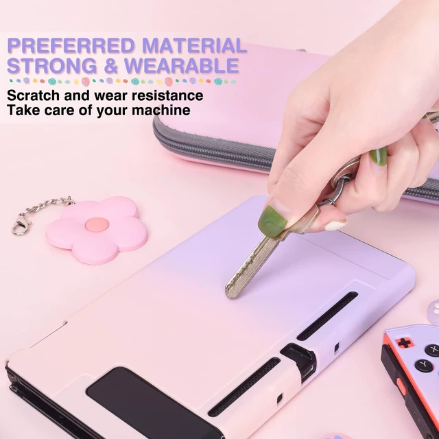 Alt view image 5 of 7 - Pink and Purple Switch Case Set Gradient Carrying Case with 10 Slots Cute Protective Dockable Hard Shell with 4PCS Glitter Cat Paw Thumb Grips Caps and 1PC Flower Blossom Chain For Switch 2017