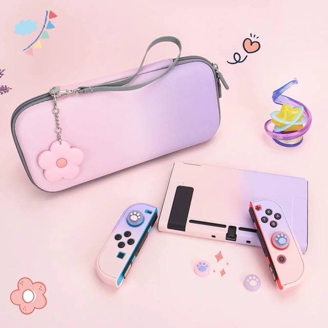 Alt view image 7 of 7 - Pink and Purple Switch Case Set Gradient Carrying Case with 10 Slots Cute Protective Dockable Hard Shell with 4PCS Glitter Cat Paw Thumb Grips Caps and 1PC Flower Blossom Chain For Switch 2017