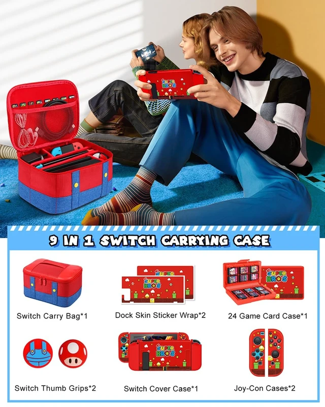 Alt view image 3 of 6 - 9in1 Carrying Case for Nintendo Switch Travel Carry Cases Bundle Cute Boys Protective Cover+Thumb Grips Button Caps+Game Card Holder+Dock Sticker Wrap Accessories Storage Bag for Switch 2017