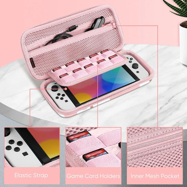 Alt view image 3 of 7 - Carrying Case for Nintendo Switch / Switch OLED Model (2021) | Shockproof, Hard Shell Protective Cover, Portable Travel Storage Bag, 10 Game Card Slots & Inner Pocket, Strawberry Cow