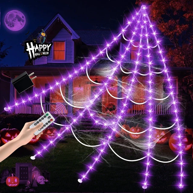 Main image of Halloween Decorations Outdoor, Spider Web Lights 250 LED Lighted Spider Web 16.4Ft Giant Halloween Decorations Light up, 8 Lighting Modes Waterproof & Timer for Indoor Haunted House Yard Decor, Purple