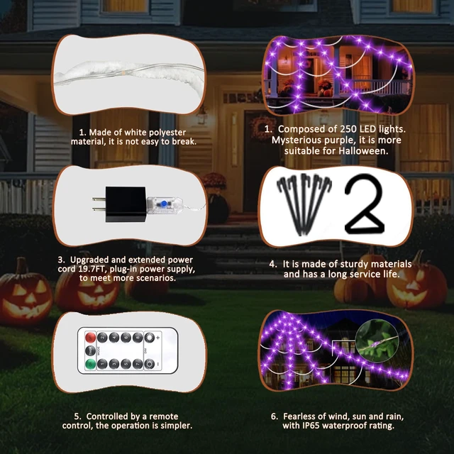Alt view image 2 of 7 - Halloween Decorations Outdoor, Spider Web Lights 250 LED Lighted Spider Web 16.4Ft Giant Halloween Decorations Light up, 8 Lighting Modes Waterproof & Timer for Indoor Haunted House Yard Decor, Purple