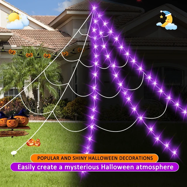 Alt view image 4 of 7 - Halloween Decorations Outdoor, Spider Web Lights 250 LED Lighted Spider Web 16.4Ft Giant Halloween Decorations Light up, 8 Lighting Modes Waterproof & Timer for Indoor Haunted House Yard Decor, Purple