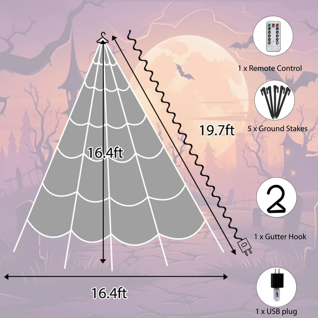 Alt view image 3 of 7 - Halloween Decorations Outdoor, Spider Web Lights 250 LED Lighted Spider Web 16.4Ft Giant Halloween Decorations Light up, 8 Lighting Modes Waterproof & Timer for Indoor Haunted House Yard Decor, Purple