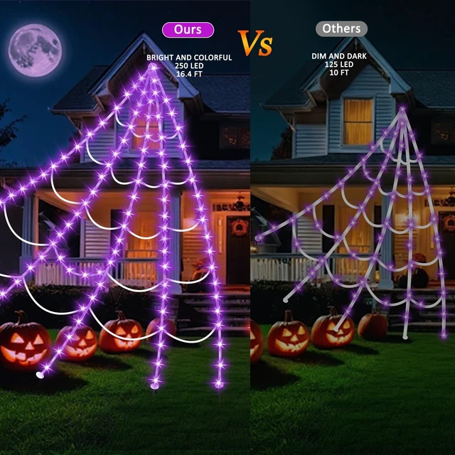 Alt view image 5 of 7 - Halloween Decorations Outdoor, Spider Web Lights 250 LED Lighted Spider Web 16.4Ft Giant Halloween Decorations Light up, 8 Lighting Modes Waterproof & Timer for Indoor Haunted House Yard Decor, Purple