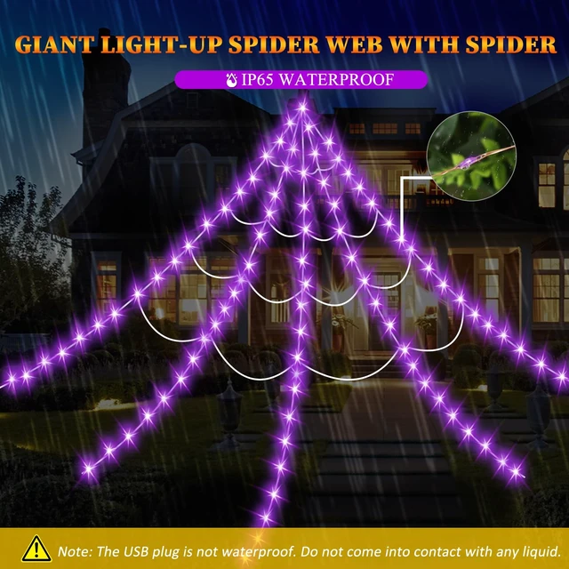 Alt view image 6 of 7 - Halloween Decorations Outdoor, Spider Web Lights 250 LED Lighted Spider Web 16.4Ft Giant Halloween Decorations Light up, 8 Lighting Modes Waterproof & Timer for Indoor Haunted House Yard Decor, Purple