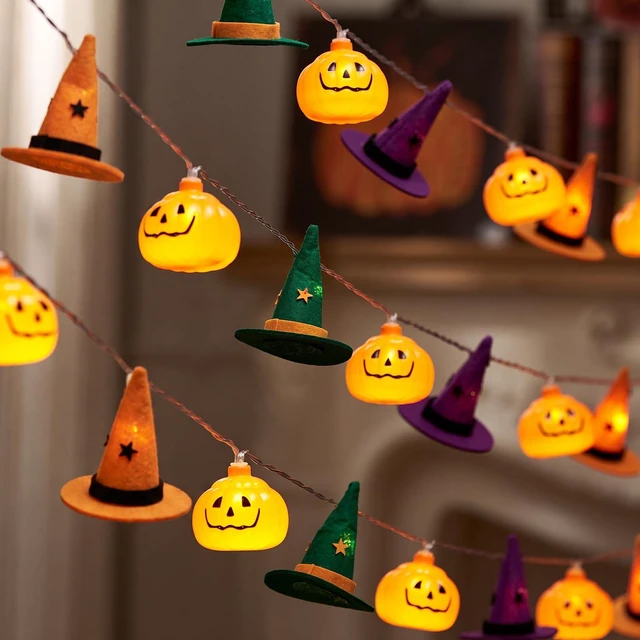 Main image of Halloween String Lights, 9.8FT 20 LED Halloween Fairy Light Decor | Orange Purple Green Halloween Pumpkin Witch Hat Lights Battery Operated (Not Included), Spooky Thanksgiving Party Decor