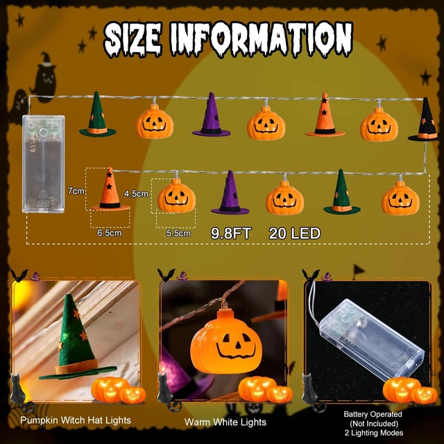 Alt view image 2 of 7 - Halloween String Lights, 9.8FT 20 LED Halloween Fairy Light Decor | Orange Purple Green Halloween Pumpkin Witch Hat Lights Battery Operated (Not Included), Spooky Thanksgiving Party Decor
