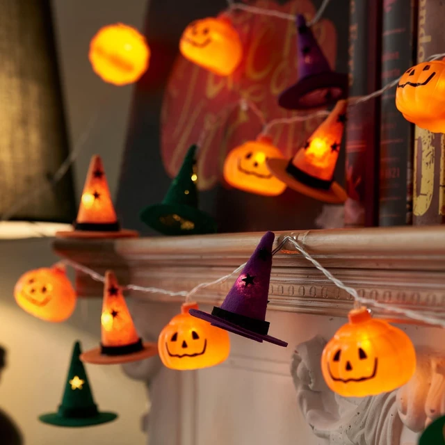 Alt view image 4 of 7 - Halloween String Lights, 9.8FT 20 LED Halloween Fairy Light Decor | Orange Purple Green Halloween Pumpkin Witch Hat Lights Battery Operated (Not Included), Spooky Thanksgiving Party Decor