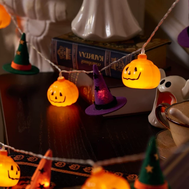Alt view image 3 of 7 - Halloween String Lights, 9.8FT 20 LED Halloween Fairy Light Decor | Orange Purple Green Halloween Pumpkin Witch Hat Lights Battery Operated (Not Included), Spooky Thanksgiving Party Decor