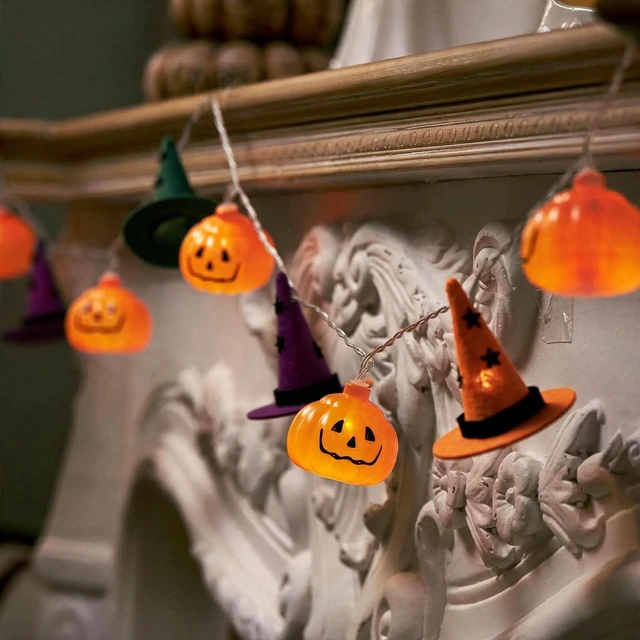 Alt view image 6 of 7 - Halloween String Lights, 9.8FT 20 LED Halloween Fairy Light Decor | Orange Purple Green Halloween Pumpkin Witch Hat Lights Battery Operated (Not Included), Spooky Thanksgiving Party Decor
