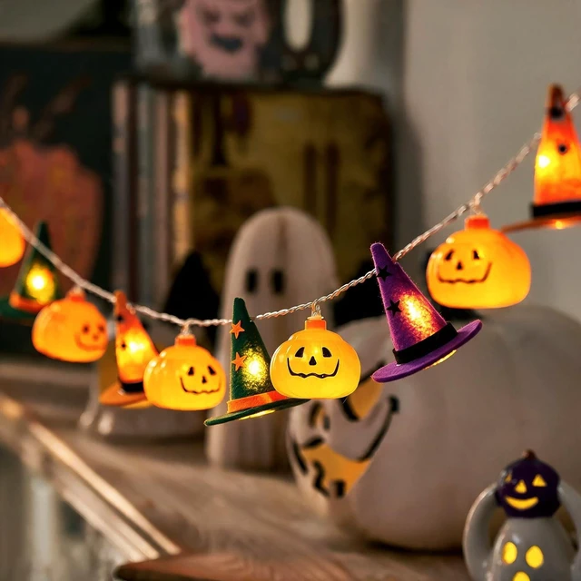 Alt view image 5 of 7 - Halloween String Lights, 9.8FT 20 LED Halloween Fairy Light Decor | Orange Purple Green Halloween Pumpkin Witch Hat Lights Battery Operated (Not Included), Spooky Thanksgiving Party Decor