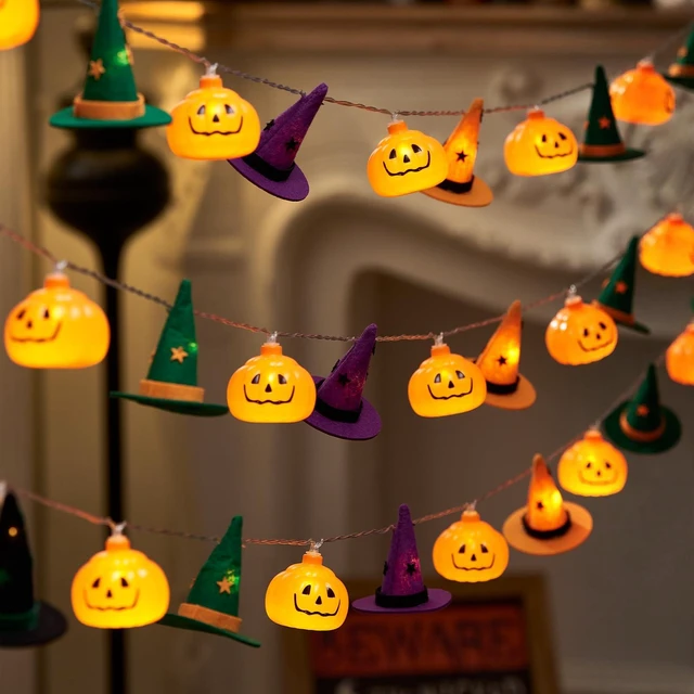 Alt view image 7 of 7 - Halloween String Lights, 9.8FT 20 LED Halloween Fairy Light Decor | Orange Purple Green Halloween Pumpkin Witch Hat Lights Battery Operated (Not Included), Spooky Thanksgiving Party Decor