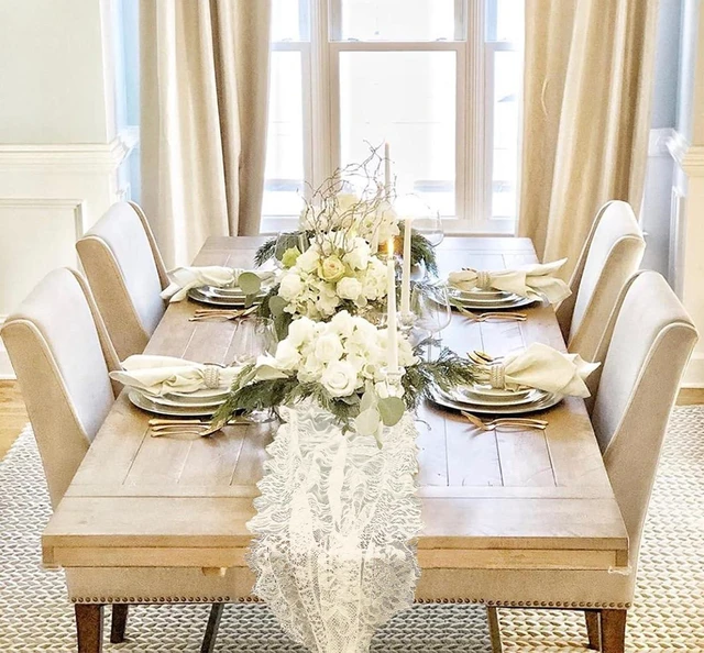 Alt view image 4 of 7 - 3 Pcs White Lace Table Runner 14 x 120 Inch Embroidered Boho Table Runner for Wedding Party Bridal Shower Decorations Vintage Rustic Table Runners