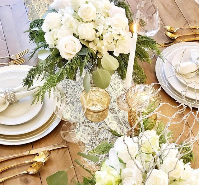 Alt view image 5 of 7 - 3 Pcs White Lace Table Runner 14 x 120 Inch Embroidered Boho Table Runner for Wedding Party Bridal Shower Decorations Vintage Rustic Table Runners