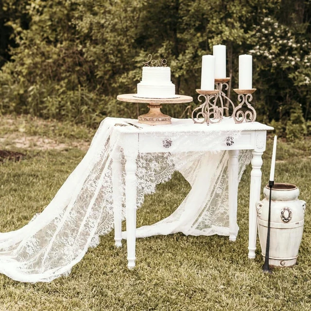 Alt view image 2 of 7 - Lace Tablecloth White Wedding Tablecloths 60x120 Inch Vintage | Rustic Farmhouse Table Fabric for Romantic Wedding Table Decorations