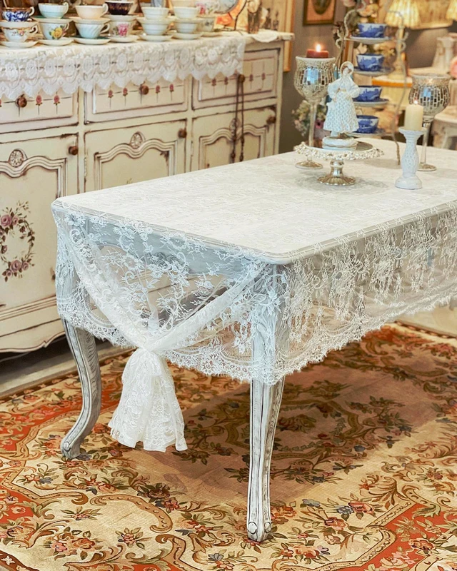 Alt view image 3 of 7 - Lace Tablecloth White Wedding Tablecloths 60x120 Inch Vintage | Rustic Farmhouse Table Fabric for Romantic Wedding Table Decorations