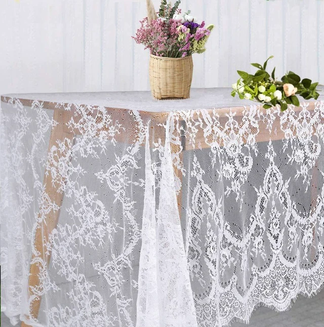 Main image of White Lace Tablecloth 60 × 120 Inch for Rustic Boho Wedding Bridal Shower Party Decoration, Classy Rectangle Overlay Long Vintage Embroidered Reception Table Cloth Decor
