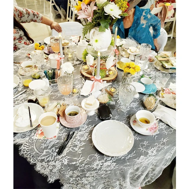 Alt view image 6 of 7 - White Lace Tablecloth 60 × 120 Inch for Rustic Boho Wedding Bridal Shower Party Decoration, Classy Rectangle Overlay Long Vintage Embroidered Reception Table Cloth Decor