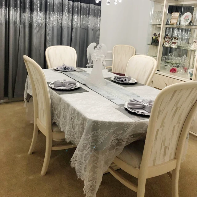 Alt view image 7 of 7 - White Lace Tablecloth 60 × 120 Inch for Rustic Boho Wedding Bridal Shower Party Decoration, Classy Rectangle Overlay Long Vintage Embroidered Reception Table Cloth Decor