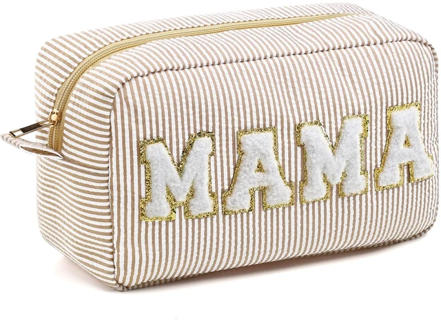 Main image of Seersucker Cosmetic Bags Medicine Bag Chenille Letter Seersucker Makeup Bags Stripe Women Pouch Large Preppy Storage Pouch Toiletry Travel Organizer for Traveling Meds(Mama,Khaki)