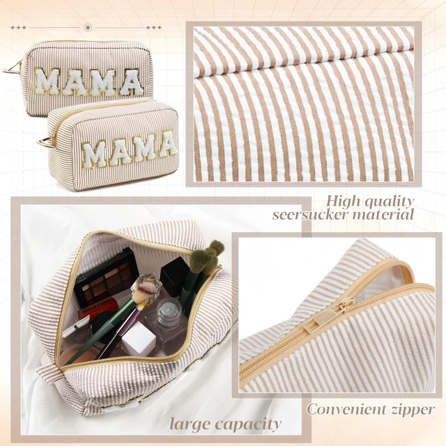 Alt view image 3 of 7 - Seersucker Cosmetic Bags Medicine Bag Chenille Letter Seersucker Makeup Bags Stripe Women Pouch Large Preppy Storage Pouch Toiletry Travel Organizer for Traveling Meds(Mama,Khaki)