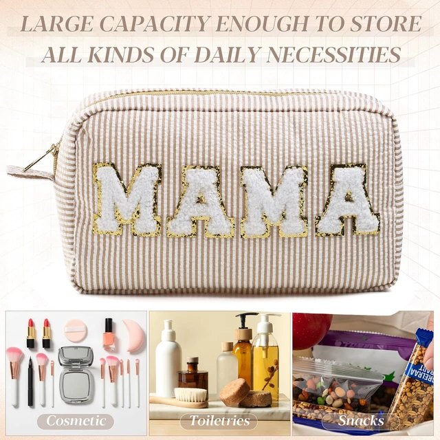 Alt view image 4 of 7 - Seersucker Cosmetic Bags Medicine Bag Chenille Letter Seersucker Makeup Bags Stripe Women Pouch Large Preppy Storage Pouch Toiletry Travel Organizer for Traveling Meds(Mama,Khaki)