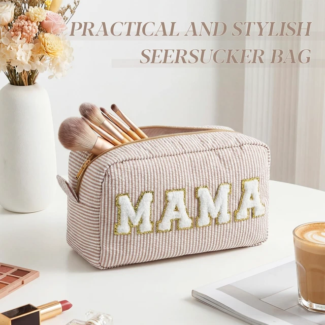Alt view image 5 of 7 - Seersucker Cosmetic Bags Medicine Bag Chenille Letter Seersucker Makeup Bags Stripe Women Pouch Large Preppy Storage Pouch Toiletry Travel Organizer for Traveling Meds(Mama,Khaki)