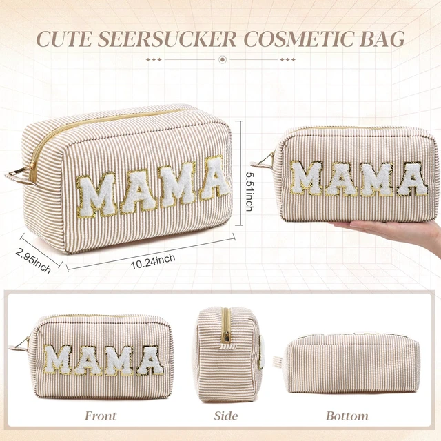 Alt view image 2 of 7 - Seersucker Cosmetic Bags Medicine Bag Chenille Letter Seersucker Makeup Bags Stripe Women Pouch Large Preppy Storage Pouch Toiletry Travel Organizer for Traveling Meds(Mama,Khaki)