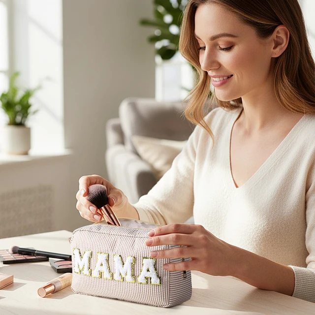 Alt view image 7 of 7 - Seersucker Cosmetic Bags Medicine Bag Chenille Letter Seersucker Makeup Bags Stripe Women Pouch Large Preppy Storage Pouch Toiletry Travel Organizer for Traveling Meds(Mama,Khaki)
