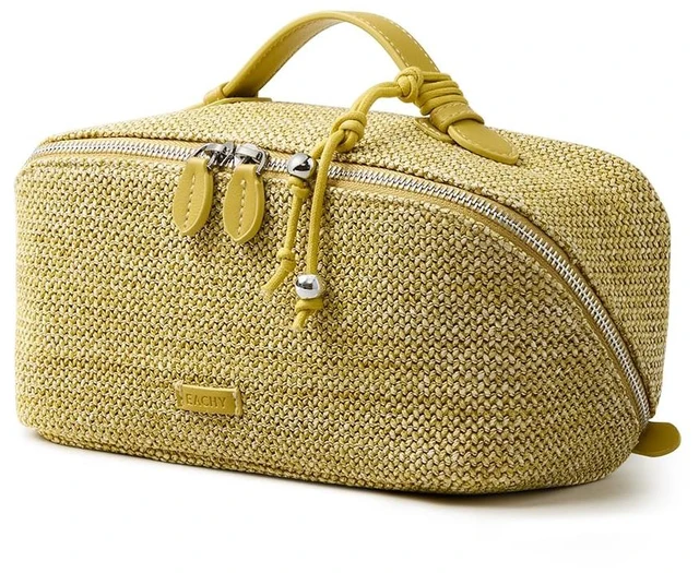 Main image of Makeup Bag, Woven Travel Toiletry Bag, Portable 180° Wide-Open Flat Cosmetic Bags for Women, Large Capacity Makeup Pouch with Divider and Handle