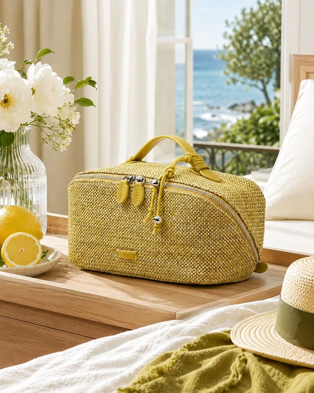 Alt view image 2 of 7 - Makeup Bag, Woven Travel Toiletry Bag, Portable 180° Wide-Open Flat Cosmetic Bags for Women, Large Capacity Makeup Pouch with Divider and Handle