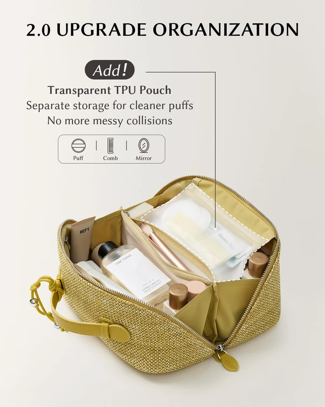 Alt view image 4 of 7 - Makeup Bag, Woven Travel Toiletry Bag, Portable 180° Wide-Open Flat Cosmetic Bags for Women, Large Capacity Makeup Pouch with Divider and Handle