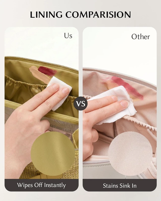 Alt view image 5 of 7 - Makeup Bag, Woven Travel Toiletry Bag, Portable 180° Wide-Open Flat Cosmetic Bags for Women, Large Capacity Makeup Pouch with Divider and Handle