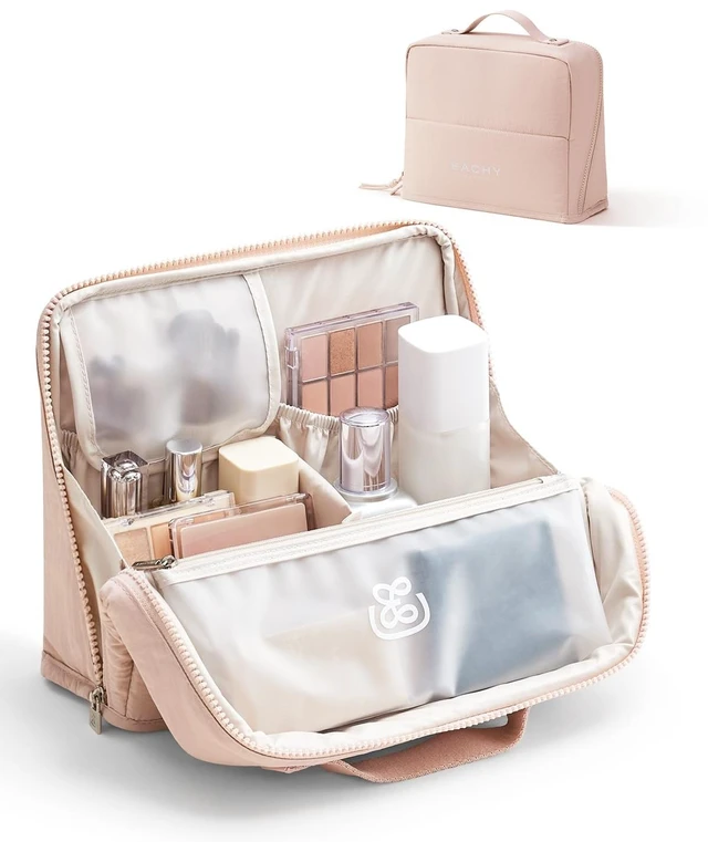 Main image of Standing Makeup Bag - Waterproof Cosmetic Bag & Toiletry Bag Organizer with Phone Holder, Detachable Dividers, Wipe-Clean Brush Pouch for Women