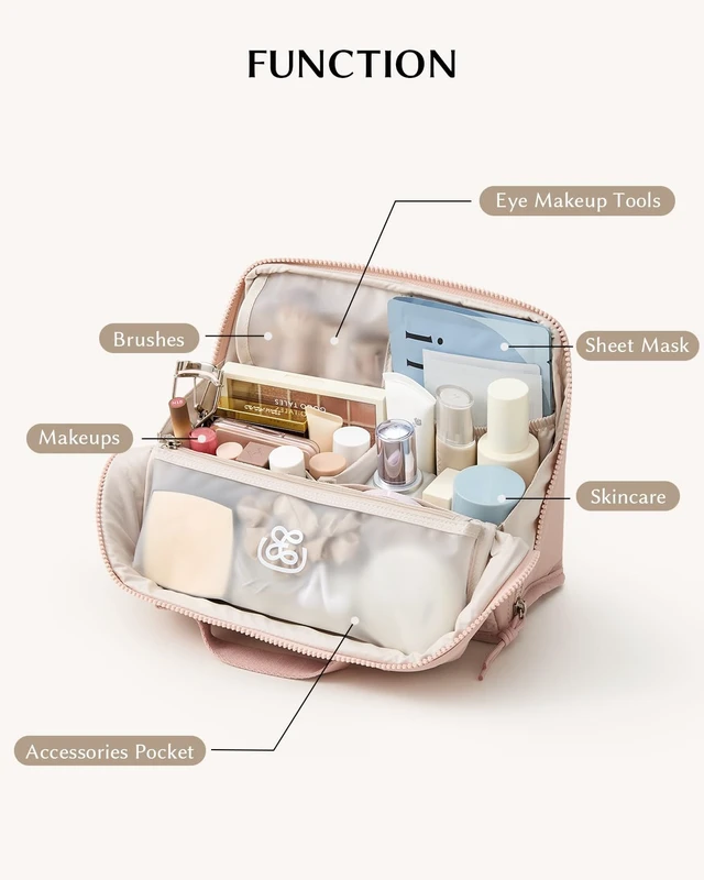 Alt view image 2 of 7 - Standing Makeup Bag - Waterproof Cosmetic Bag & Toiletry Bag Organizer with Phone Holder, Detachable Dividers, Wipe-Clean Brush Pouch for Women