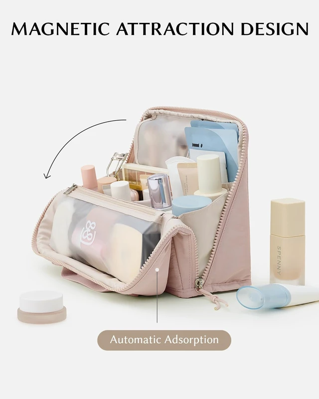 Alt view image 3 of 7 - Standing Makeup Bag - Waterproof Cosmetic Bag & Toiletry Bag Organizer with Phone Holder, Detachable Dividers, Wipe-Clean Brush Pouch for Women