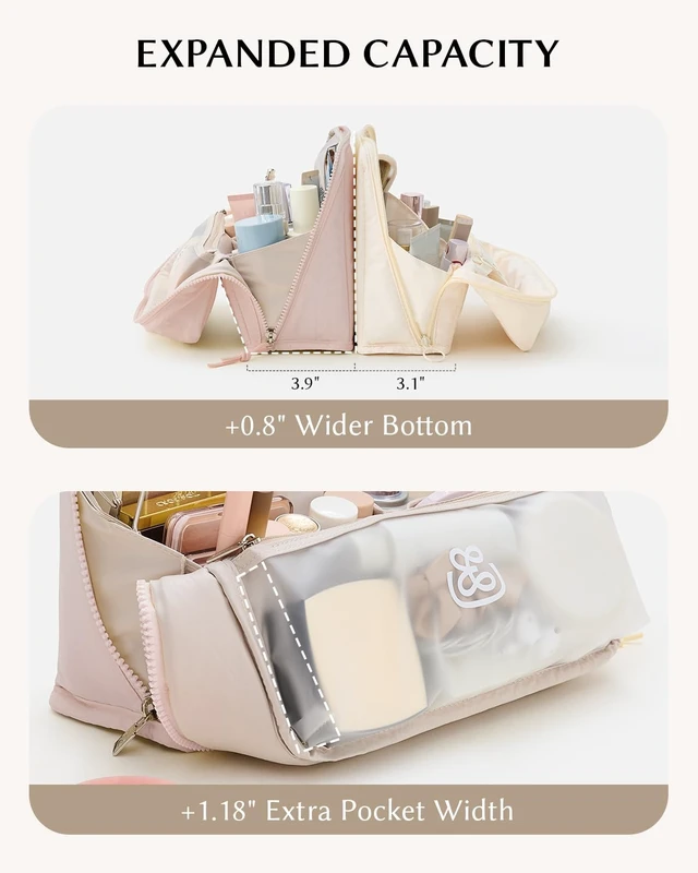 Alt view image 5 of 7 - Standing Makeup Bag - Waterproof Cosmetic Bag & Toiletry Bag Organizer with Phone Holder, Detachable Dividers, Wipe-Clean Brush Pouch for Women